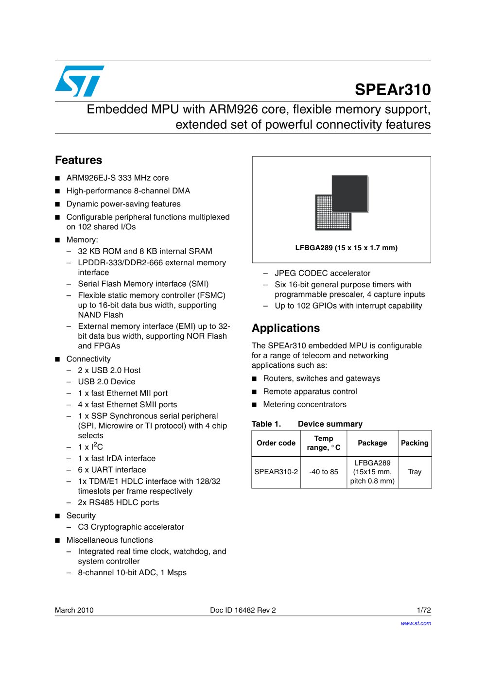 SPEAr310 Embedded MPU optimized for automation and consumer applications - STMicroelectronics