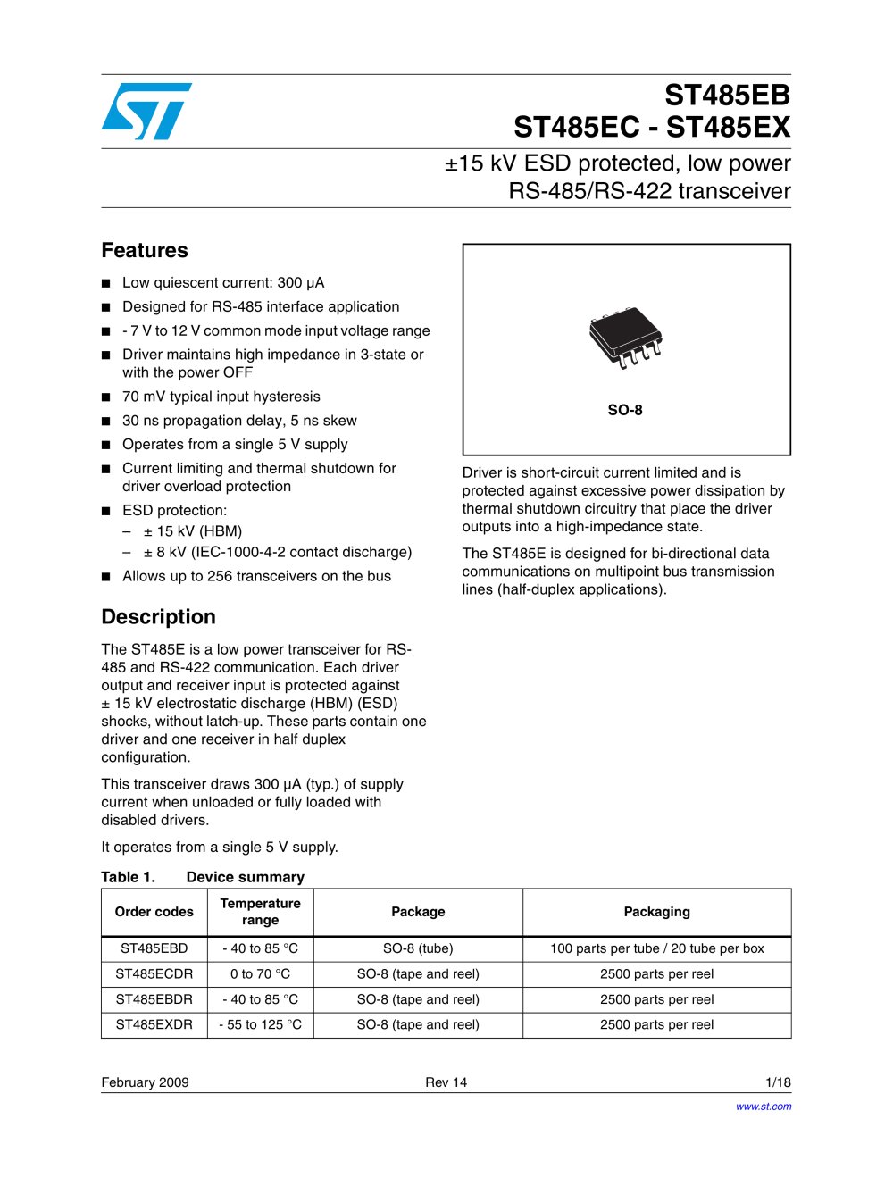 ST485EC +/-15 kV ESD protected, low power RS-485/RS-422 transceiver Active Save to myST send to a friend - STMicroelectronics