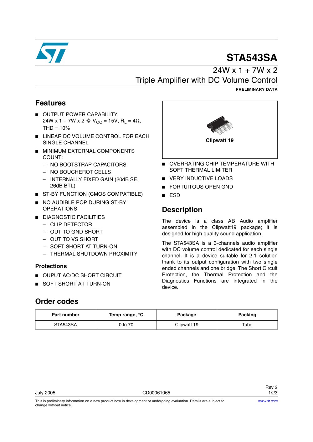 STA543SA 1x 24 W + 2 X 7 W triple amplifier with DC volume control - STMicroelectronics