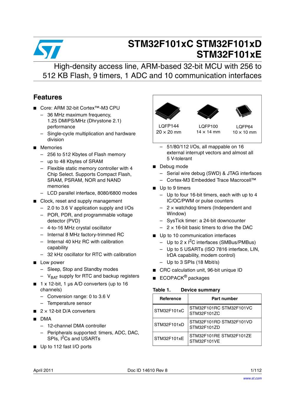 STM32F101RE Access line, advanced ARM-based 32-bit MCU with Flash memory, six 16-bit timers, ADC and seven communication interfaces - STMicroelectronics