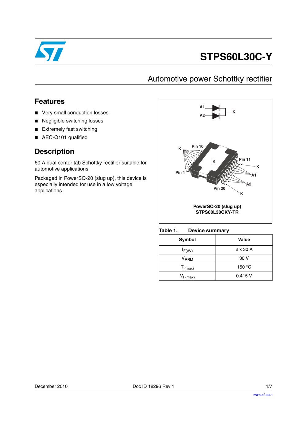STPS60L30C-Y Automotive power Schottky rectifier - STMicroelectronics