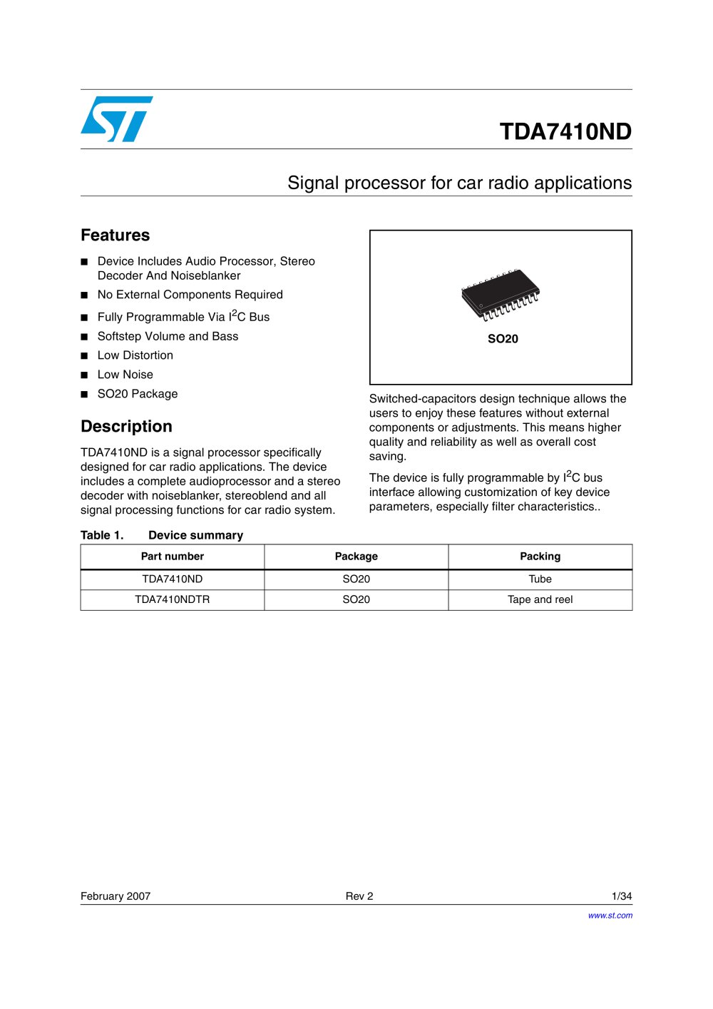 TDA7410ND Signal Processor - STMicroelectronics