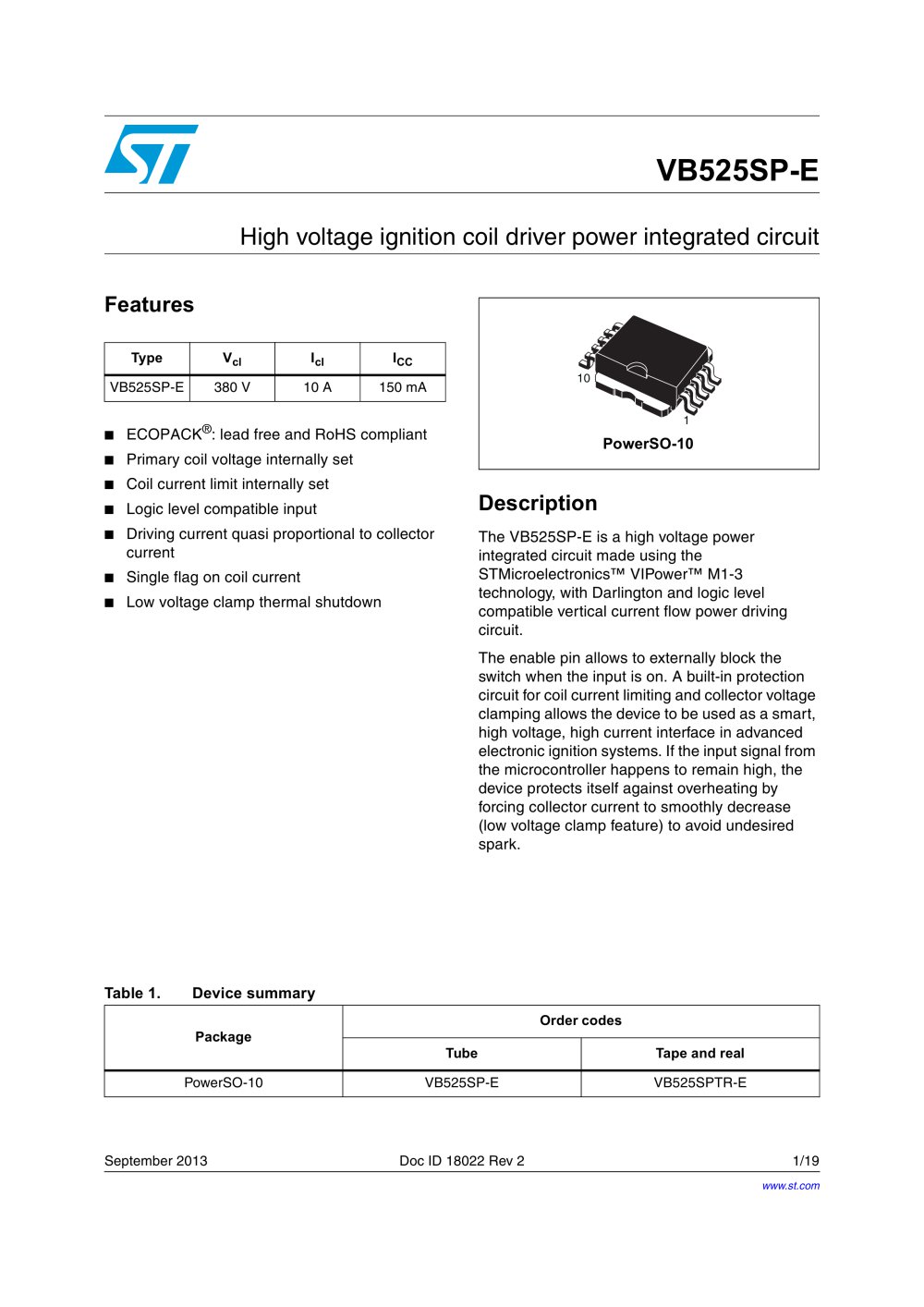 VB525SP-EHigh voltage ignition coil driver power integrated circuit - 1 / 19 Pages