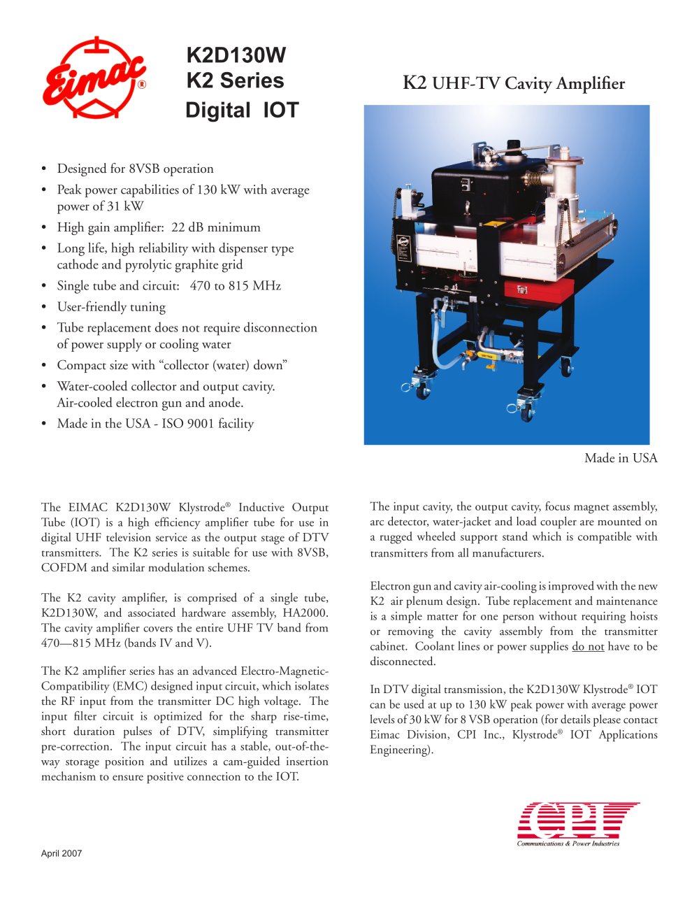 K2 UHF-TV Cavity Amplifier - CPI