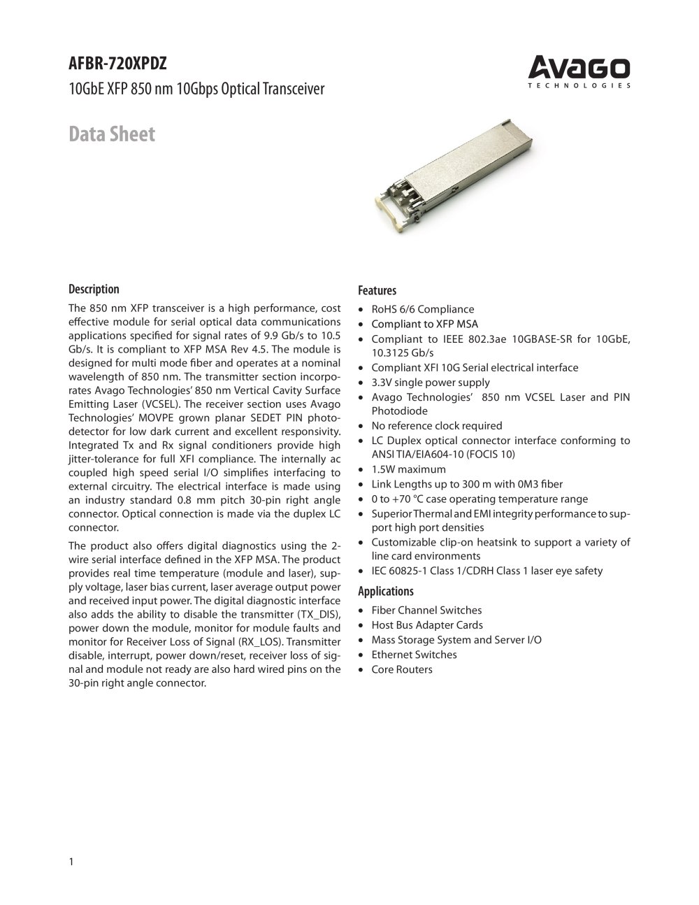 10GbE XFP 850 nm 10Gbps Optical Transceiver - Avago Technologies