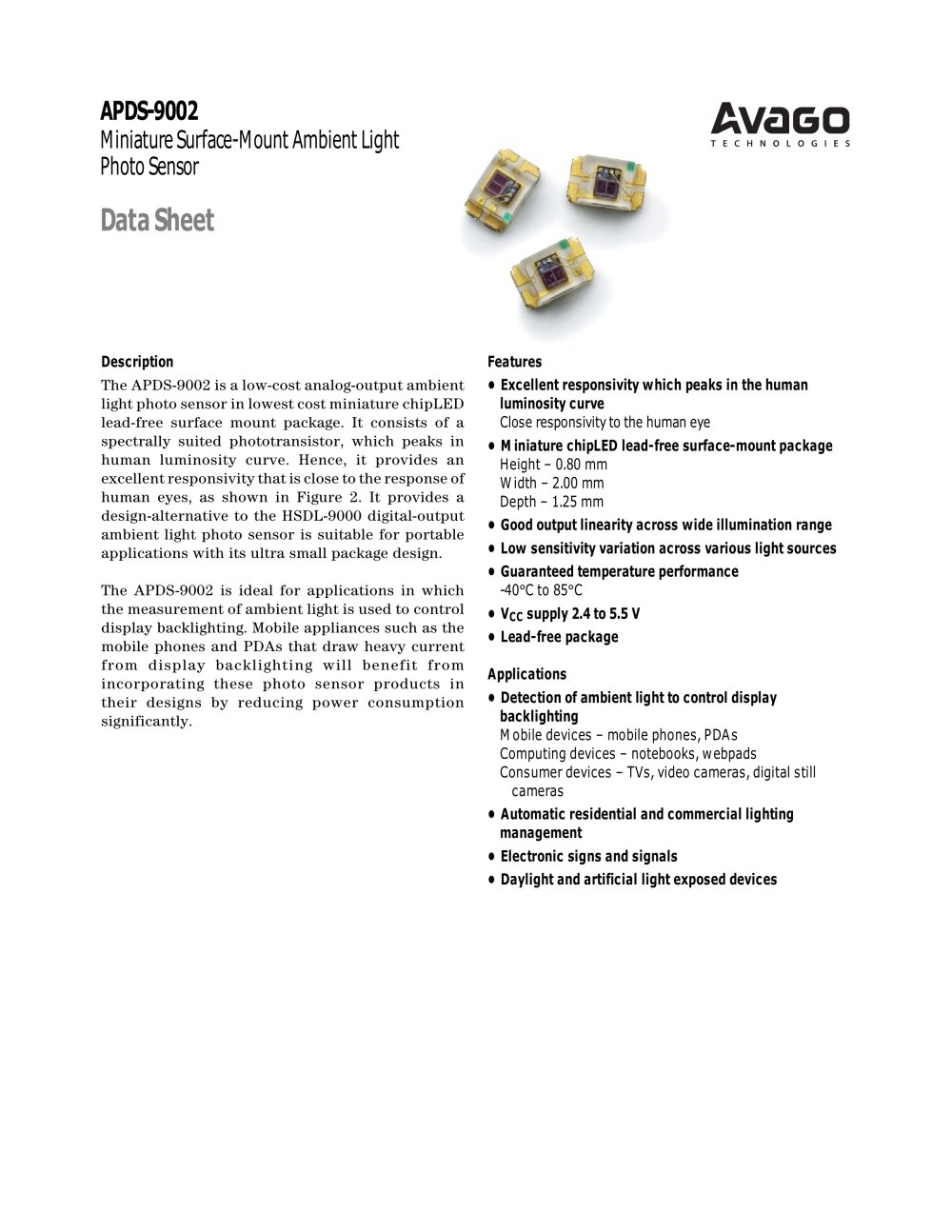 Miniature Surface-Mount Ambient Light Photo Sensor - Avago Technologies