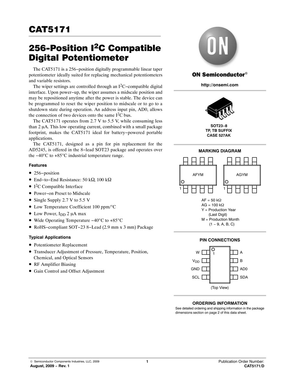 256-Position I2C Compatible Digital Potentiometer - ON Semiconductor