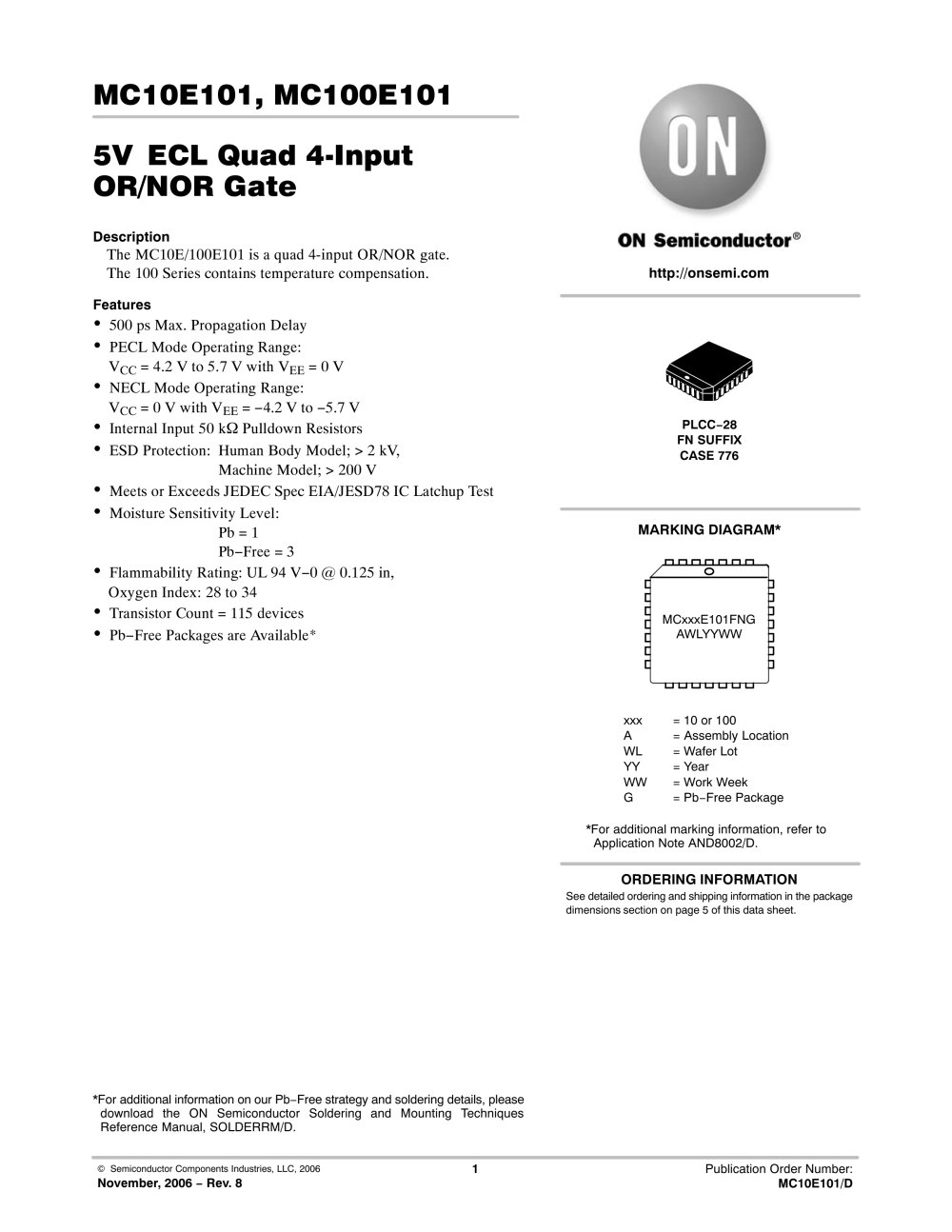 5.0 V ECL Quad 4-Input OR/NOR Gate - ON Semiconductor
