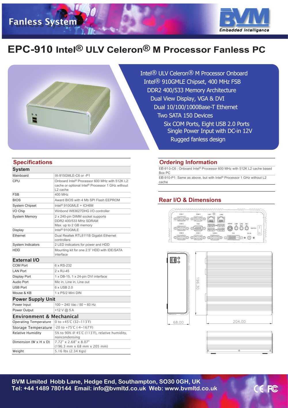 EPC-910 Intel&reg; ULV Celeron&reg; M Processor Fanless PCherif - BVM Limited
