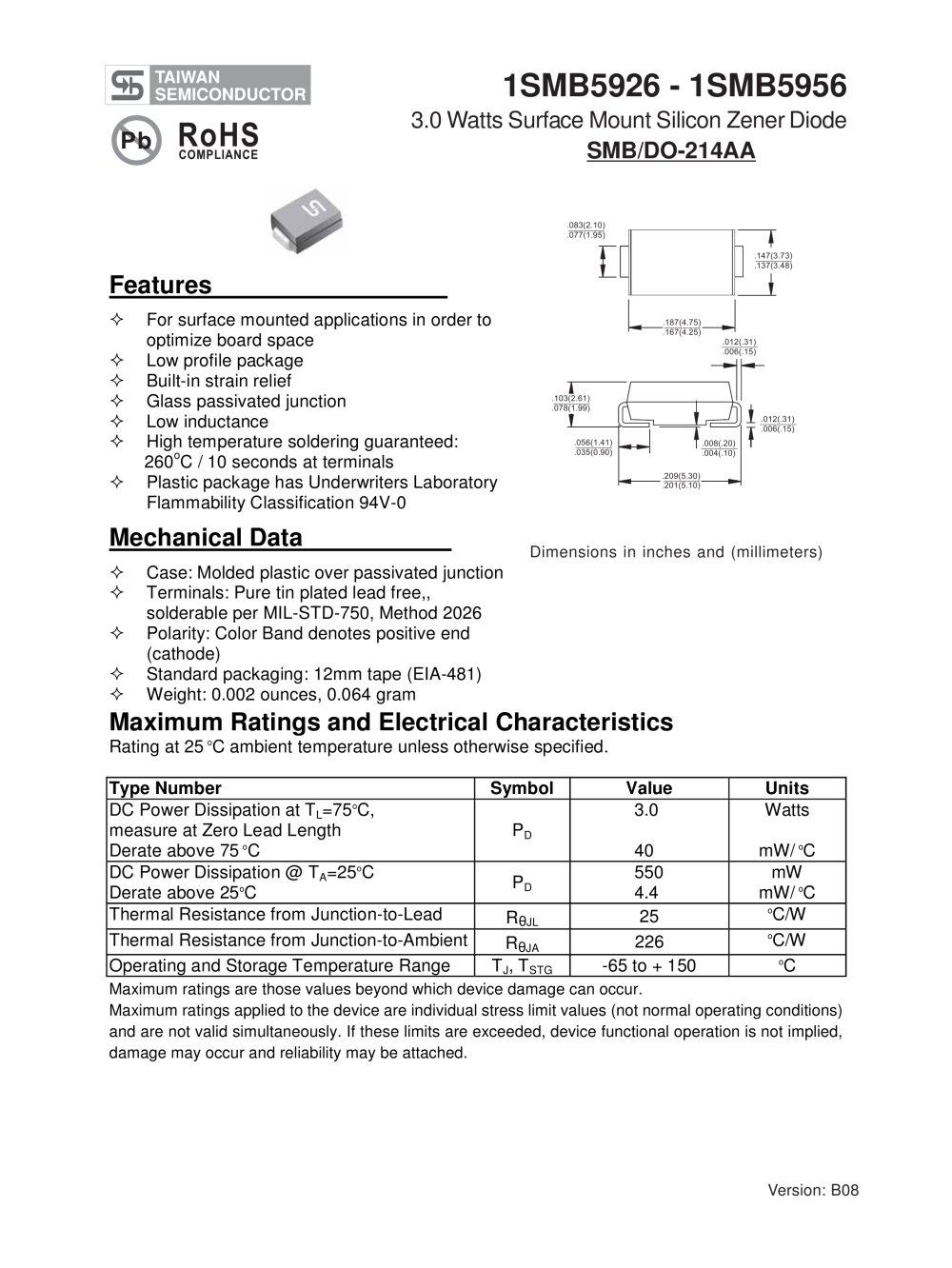 3.0 Watts Surface Mount Silicon Zener Diode - Taiwan Semiconductor