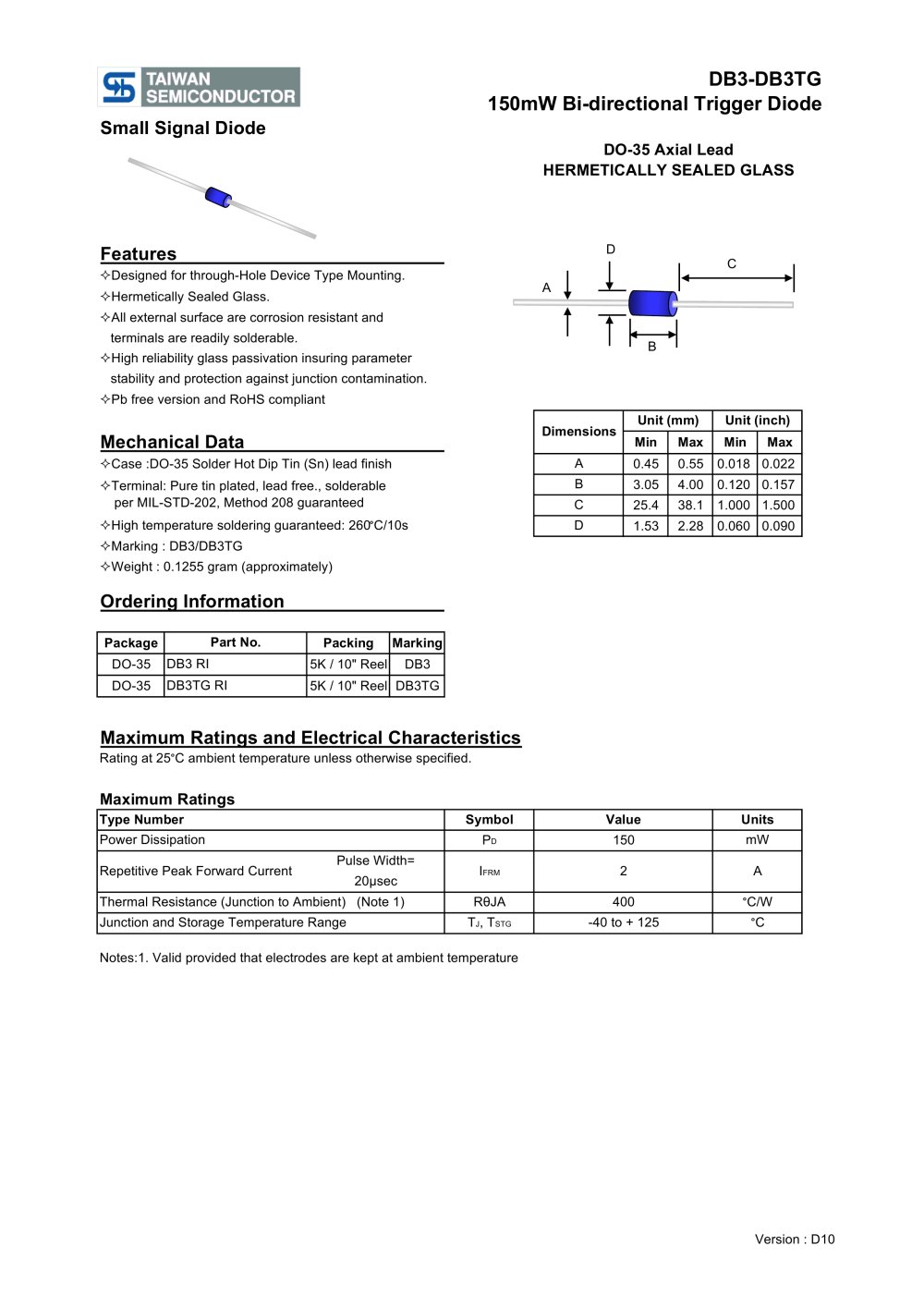DB3-DB3TG 150mW Bi-directional Trigger Diode - Taiwan Semiconductor