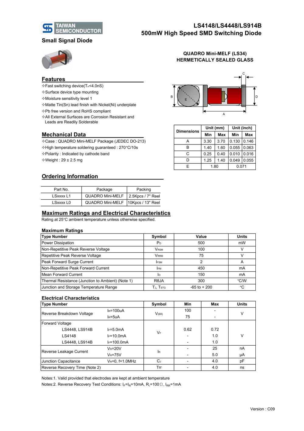 LS4148/LS4448/LS914B 500mW High Speed SMD Switching Diode - Taiwan Semiconductor