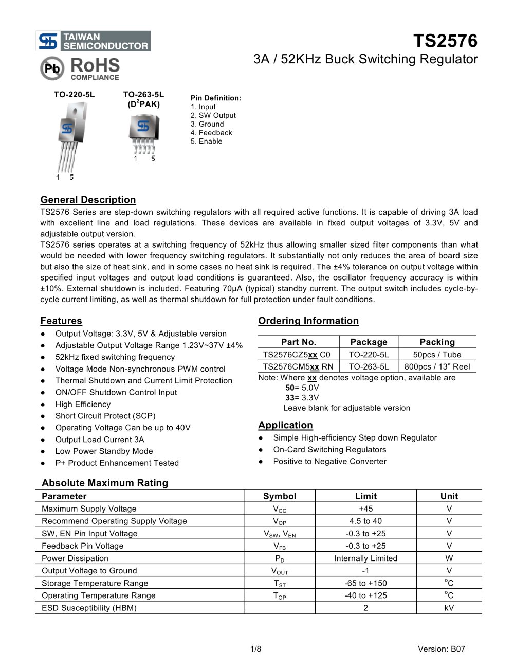 TS2576 3A / 52KHz Buck Switching Regulator - Taiwan Semiconductor