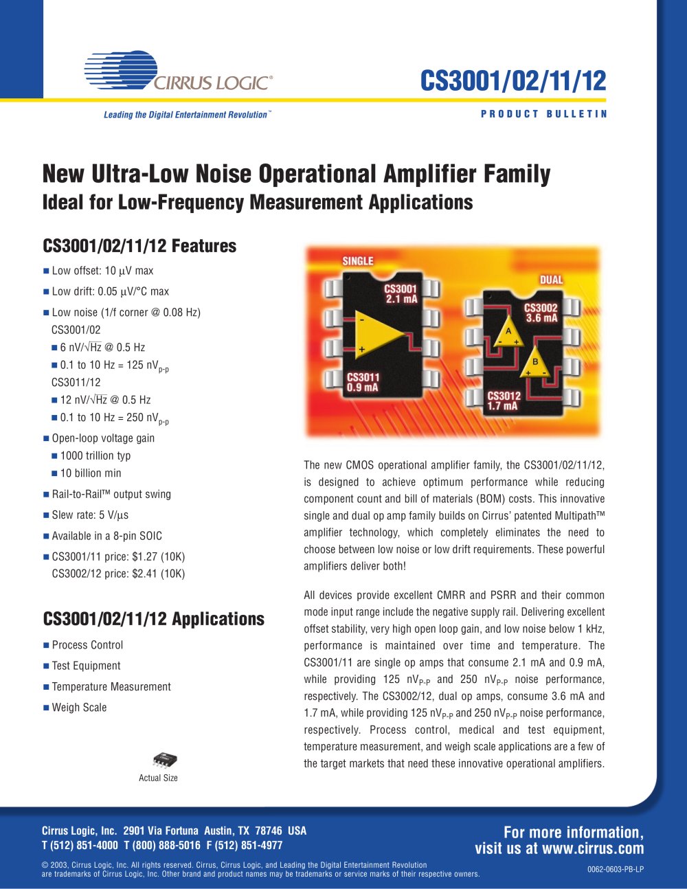 CS3001/02/11/12 Ultra-Low-Noise Operational Amplifier Family - Cirrus Logic