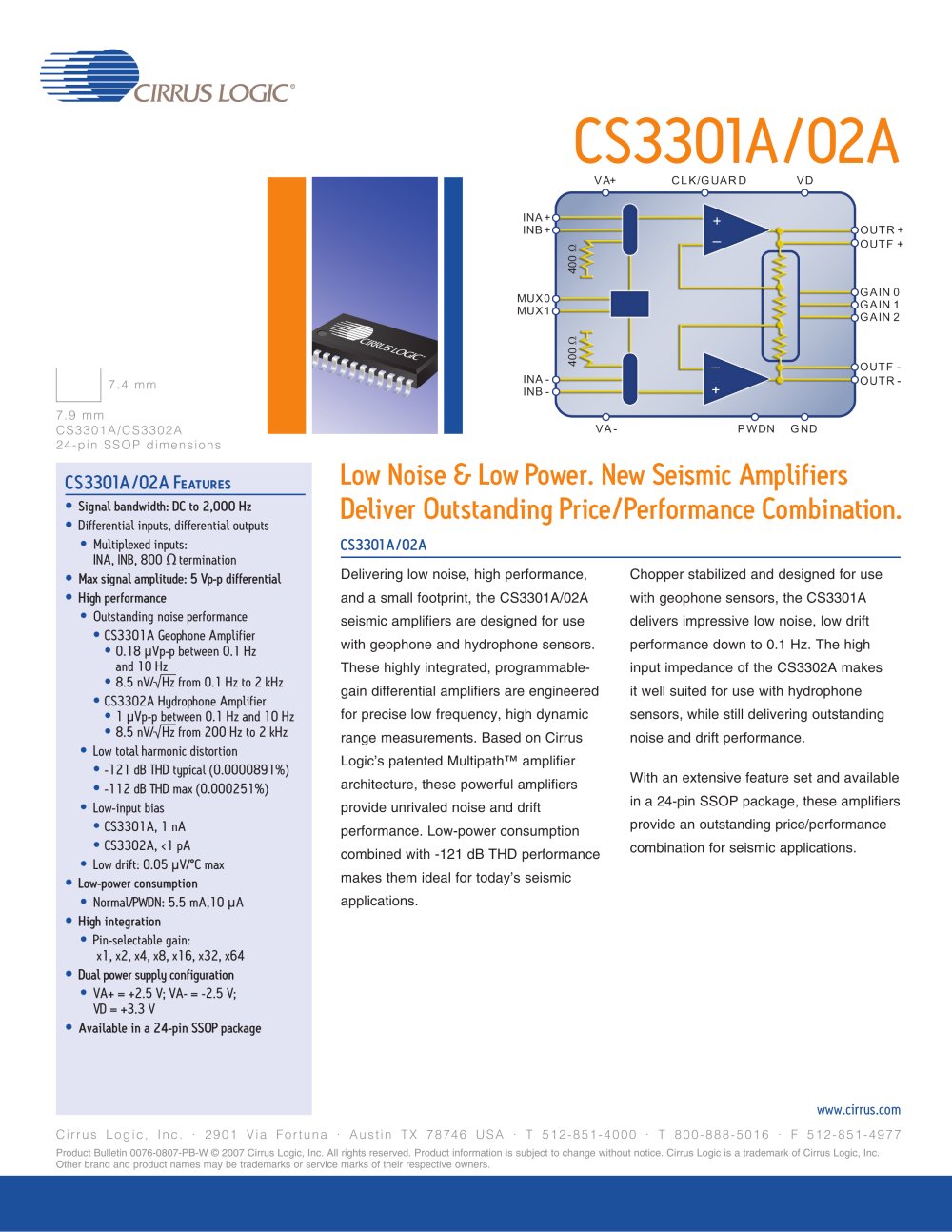CS3301A Geophone Low Noise, Programmable Gain Differential Amplifier - Cirrus Logic