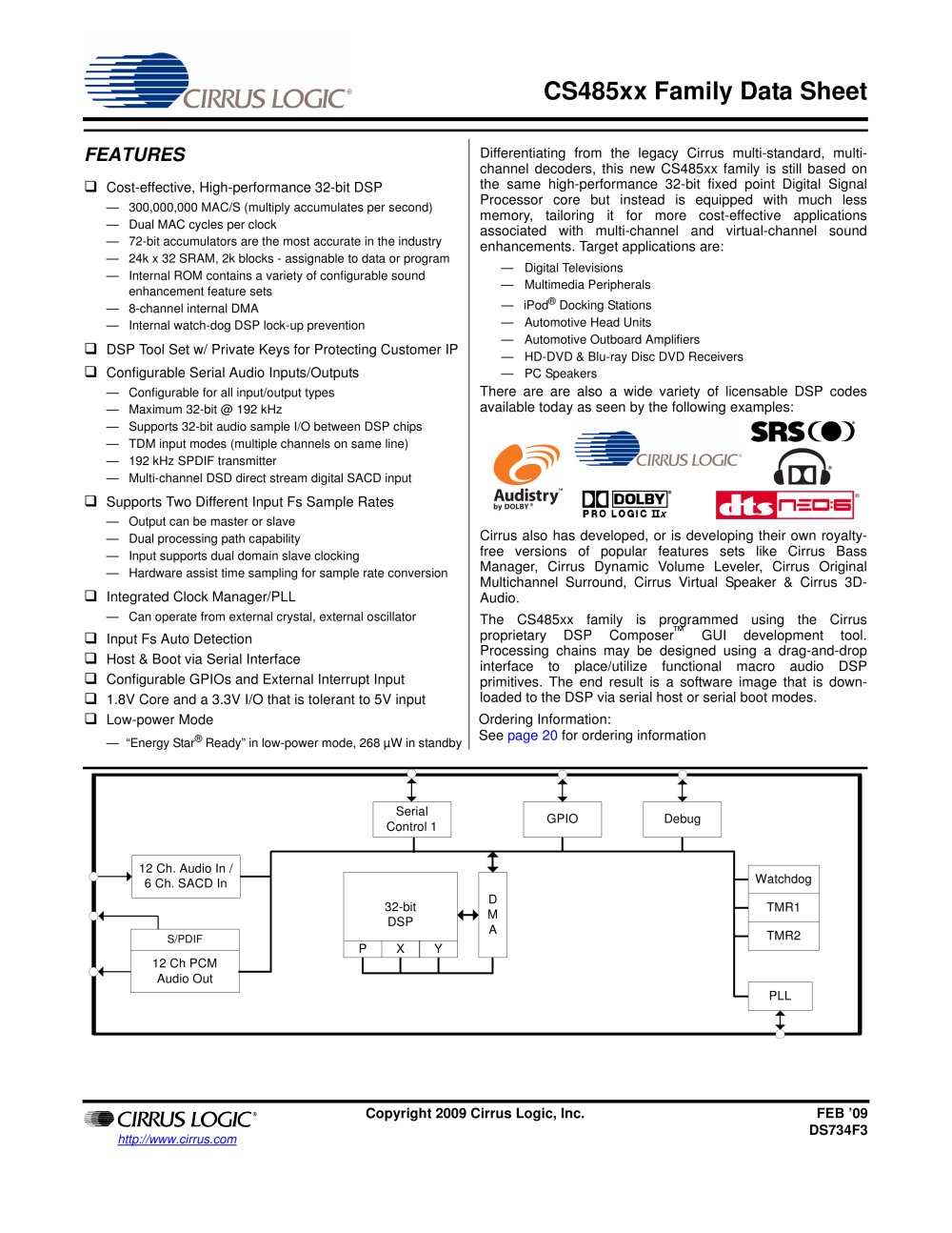 CS48520/40/60 High-Performance, Low Cost 32-Bit Audio Processor - Cirrus Logic