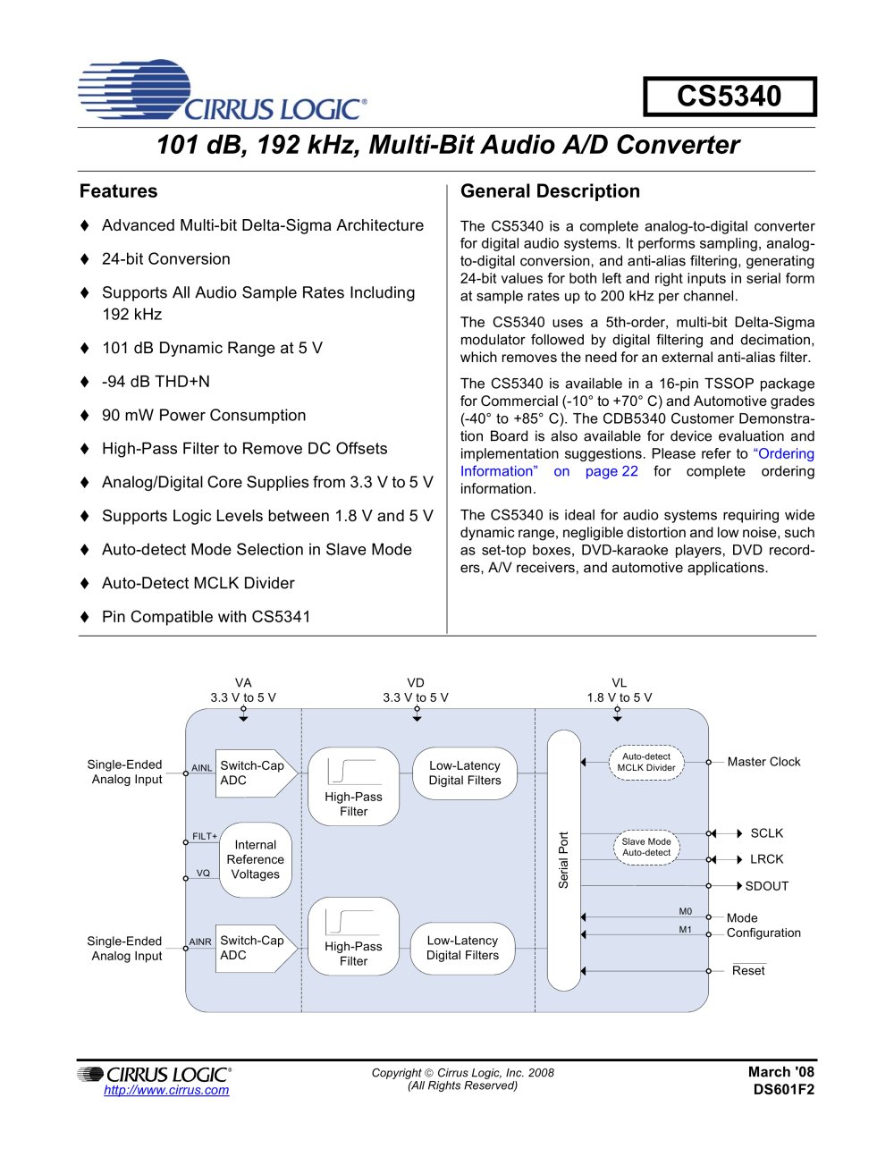 CS5340 101 dB, 192 kHz Stereo A/D Converter - Cirrus Logic