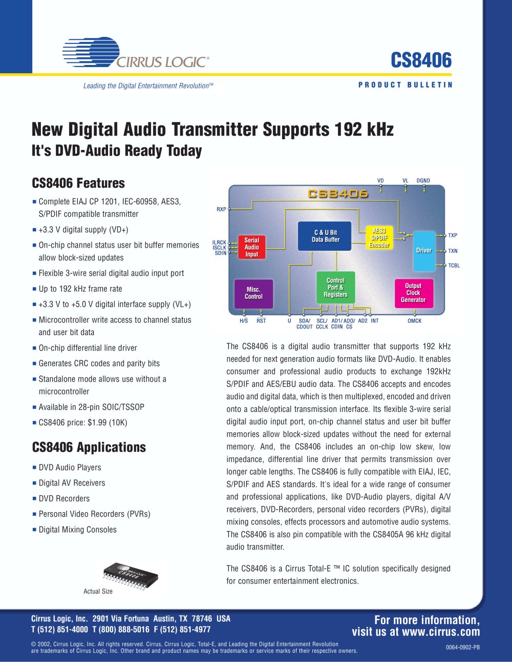 CS8406 192 kHz Digital Audio Transmitter - Cirrus Logic
