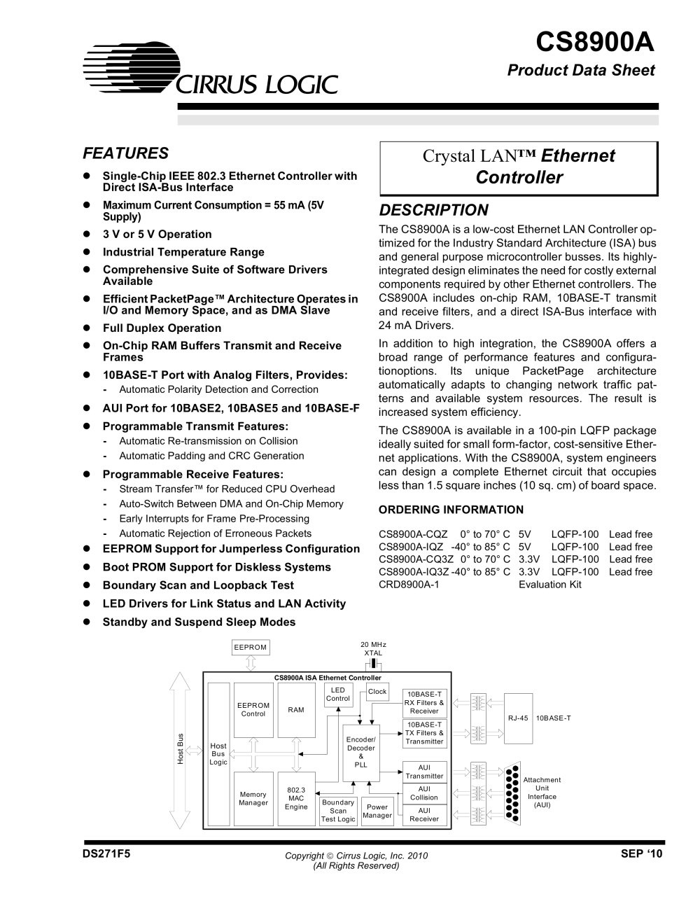 CS8900A Crystal LAN&reg; 10Base-T Embedded Ethernet Controller - Cirrus Logic