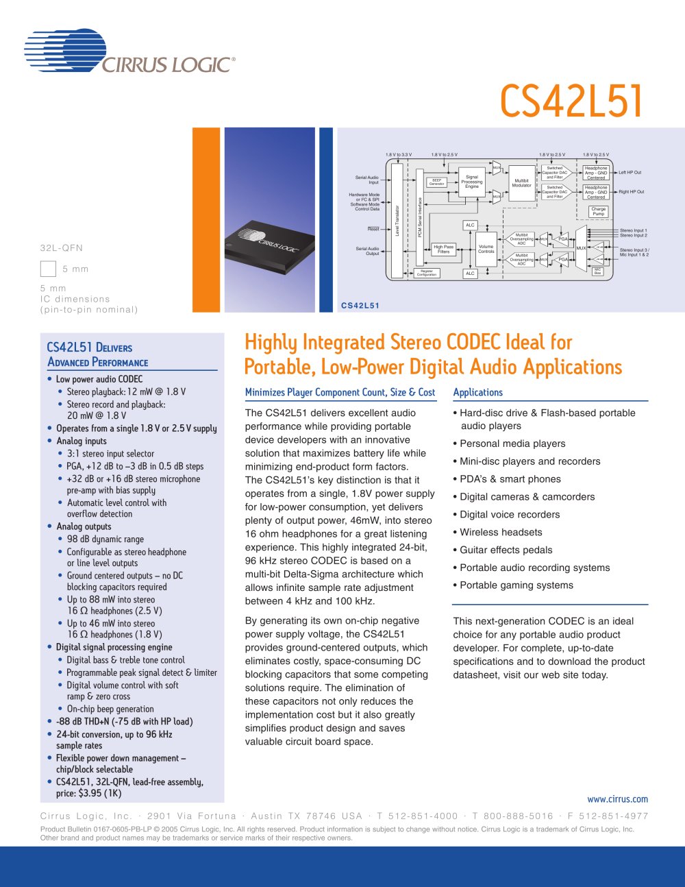 Low-Power Stereo CODEC with Headphone Amplifier - Cirrus Logic