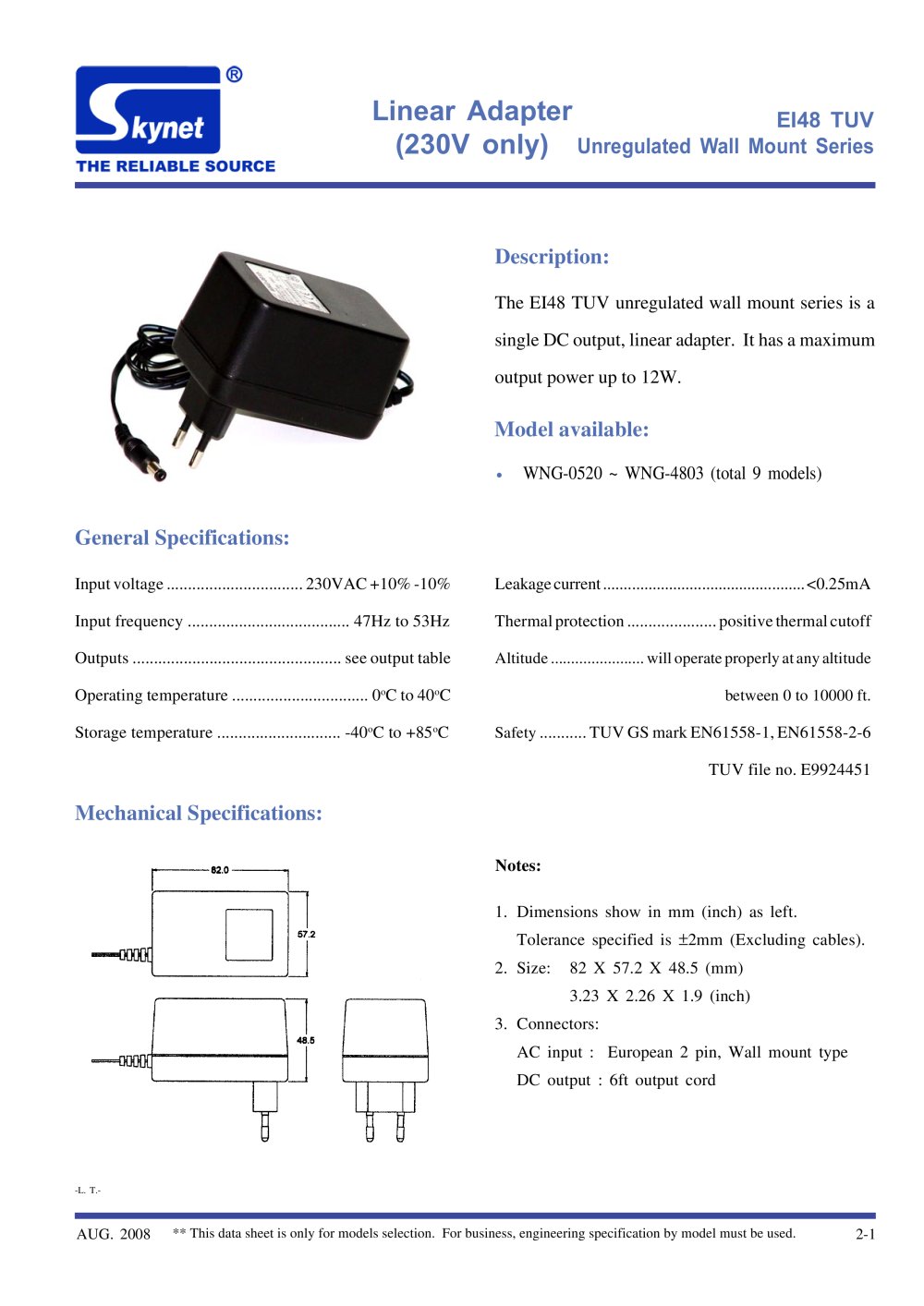 EI48 TUV Unregulated Wall Mount Series - Skynet Electronic