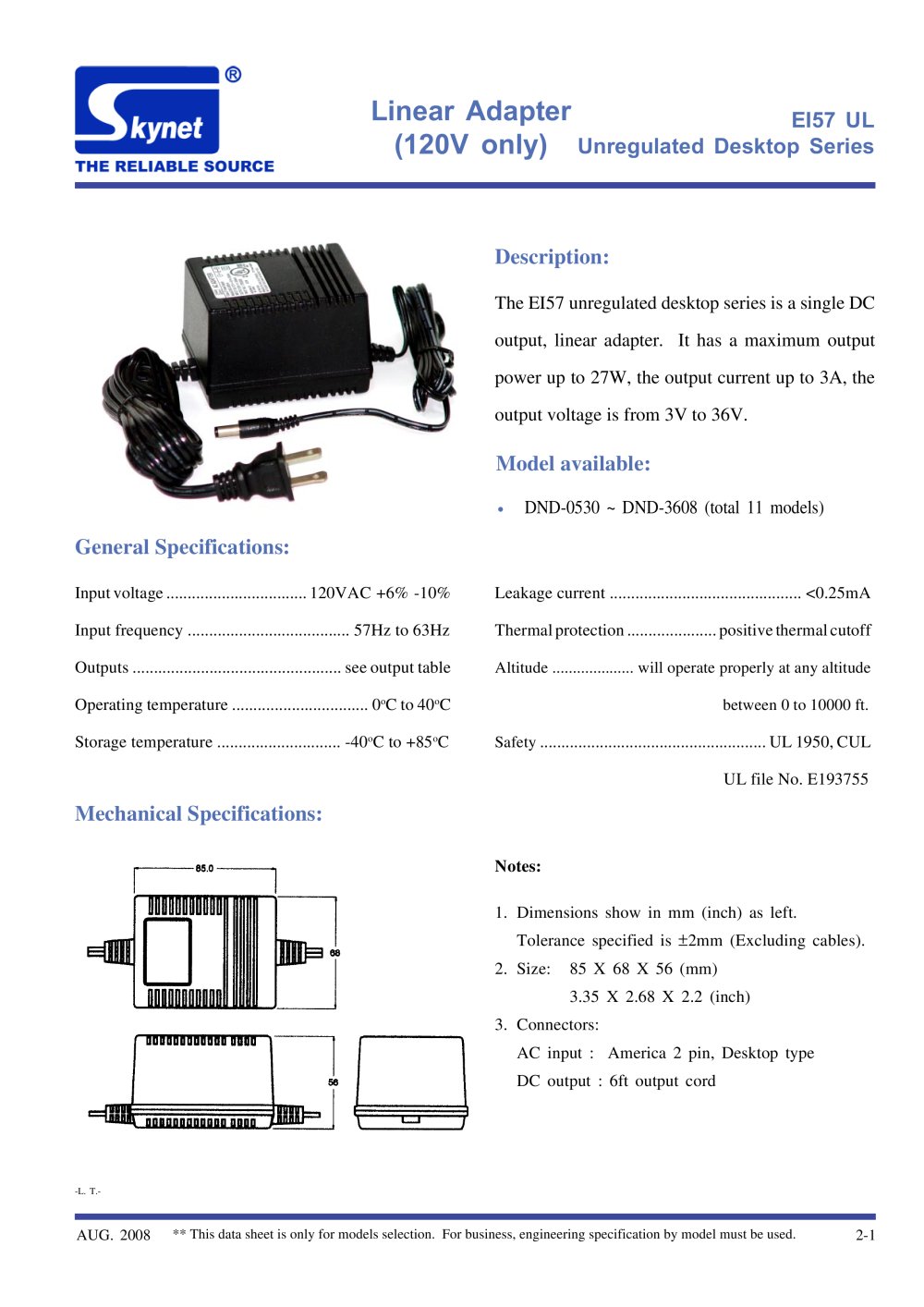 EI57 UL Unregulated Desktop Series - Skynet Electronic