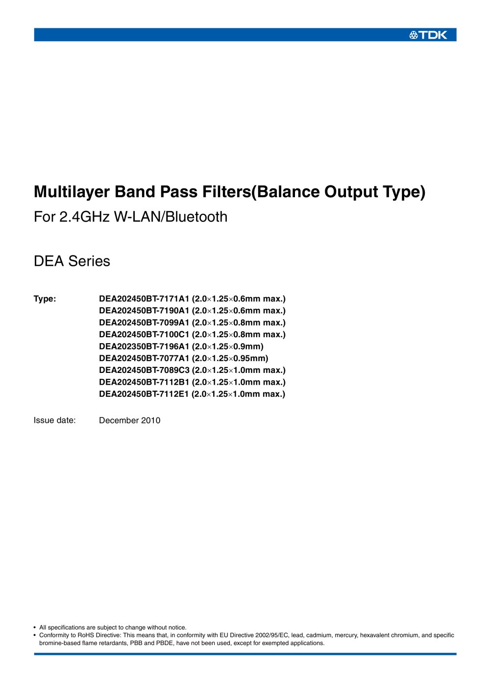 Multilayer Band Pass Filters(Balance Output Type) For 2.4GHz W-LAN/Bluetooth - TDK