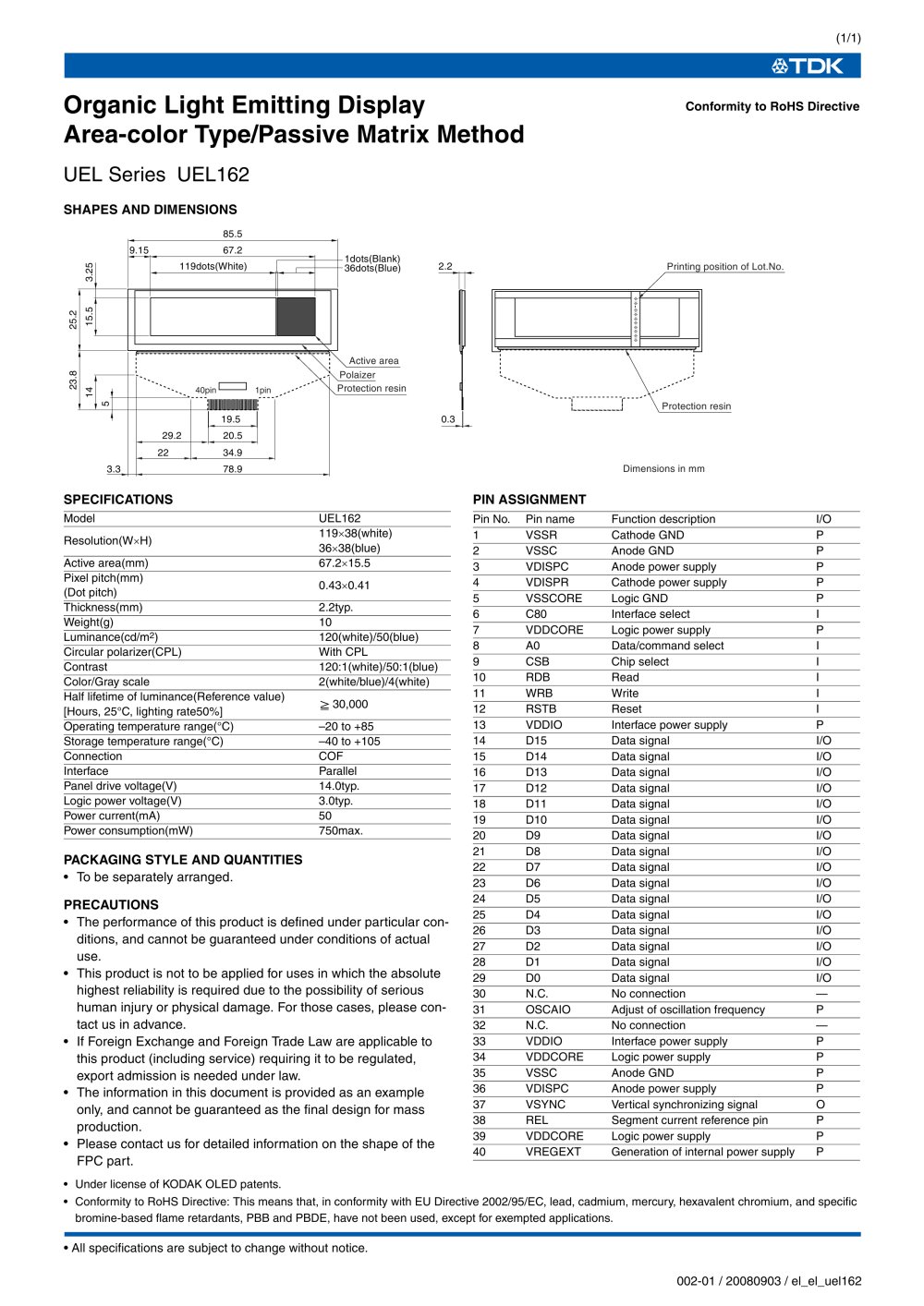 Organic Light Emitting Displays UEL162 - TDK
