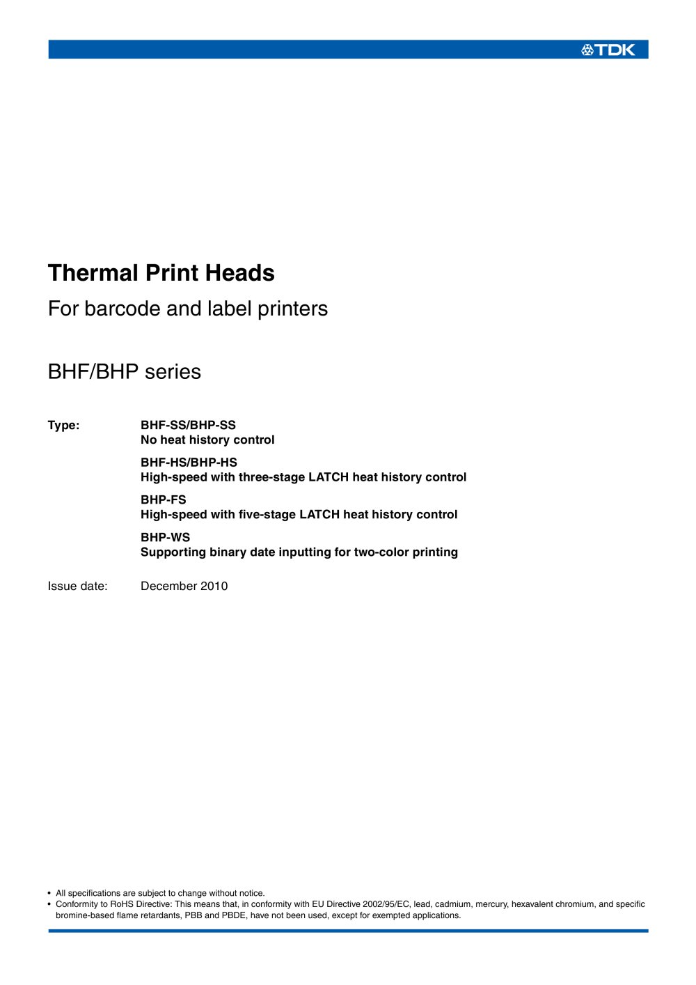 Thermal Print Heads BHF/BHP series - TDK