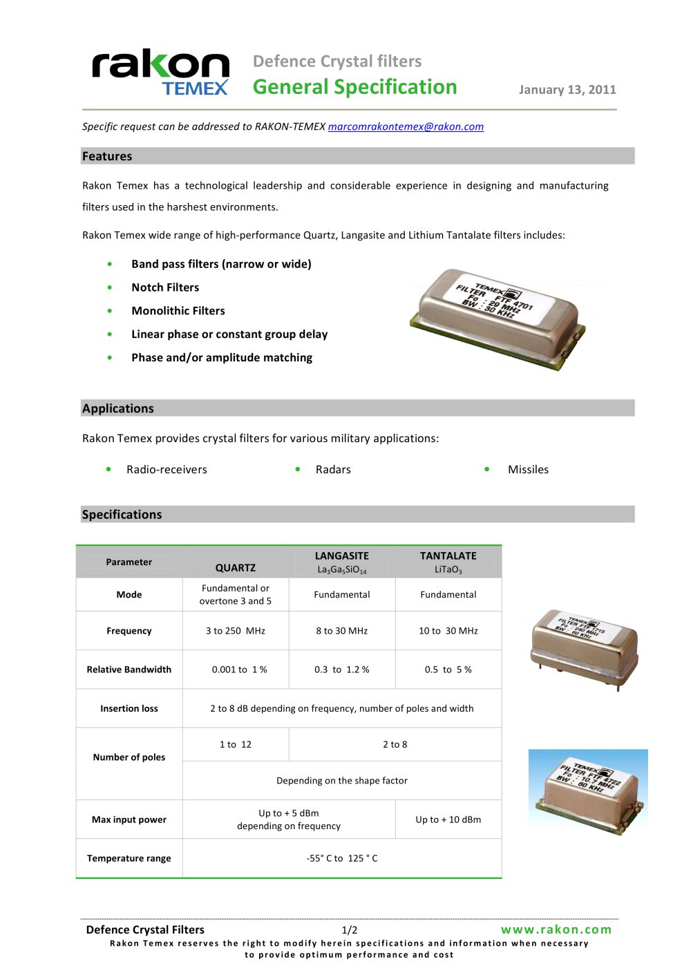 Defence Crystal filters General Specification - Rakon