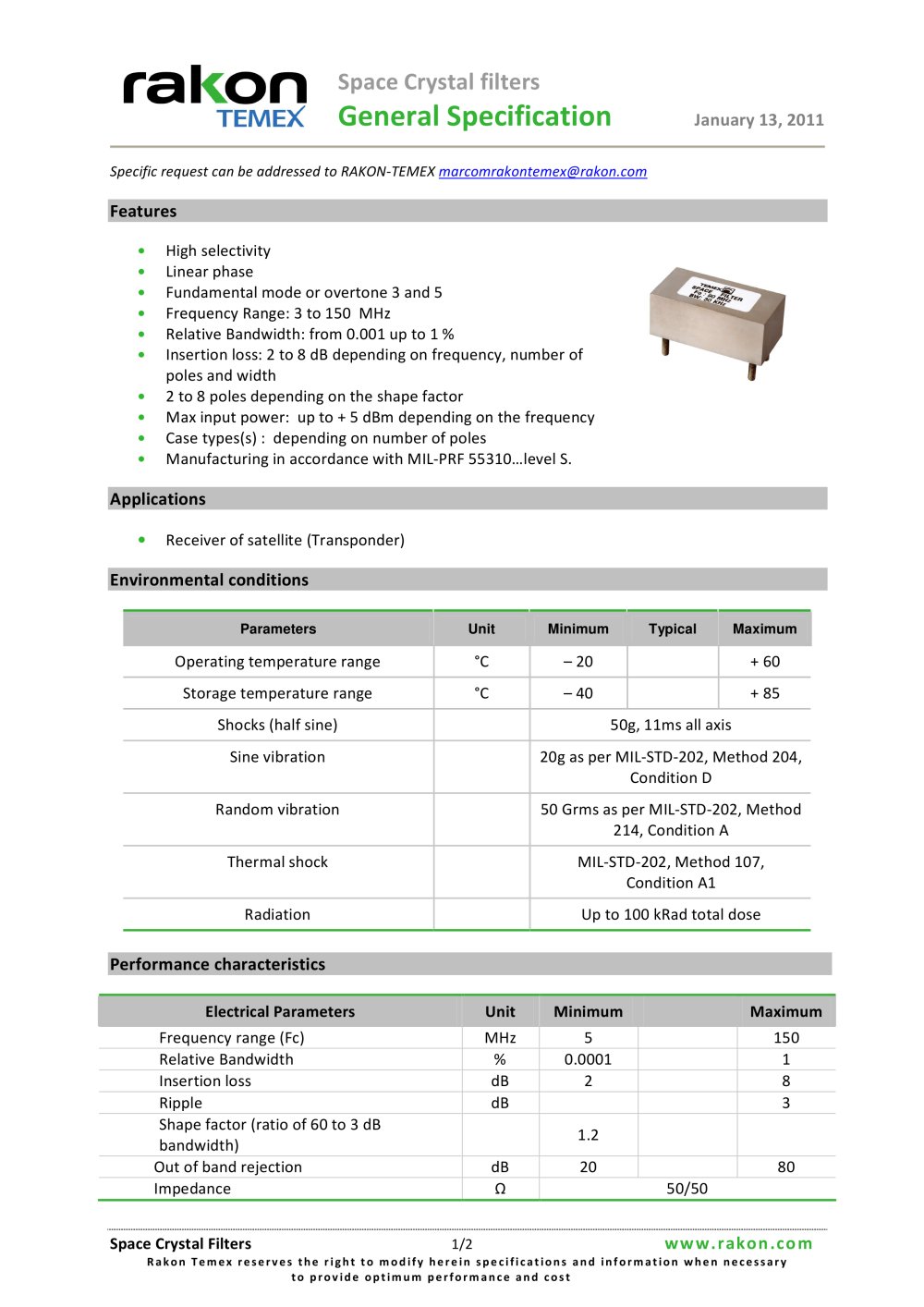 Space Crystal filters General Specification - Rakon