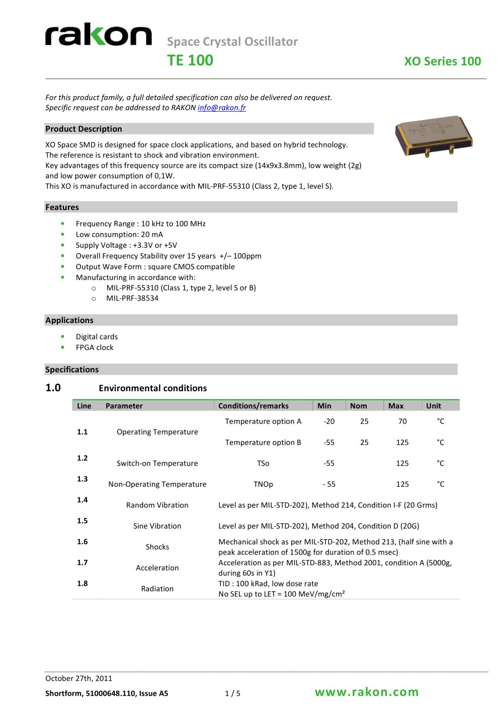 Space Crystal Oscillator TE100 XO series 100 - Rakon