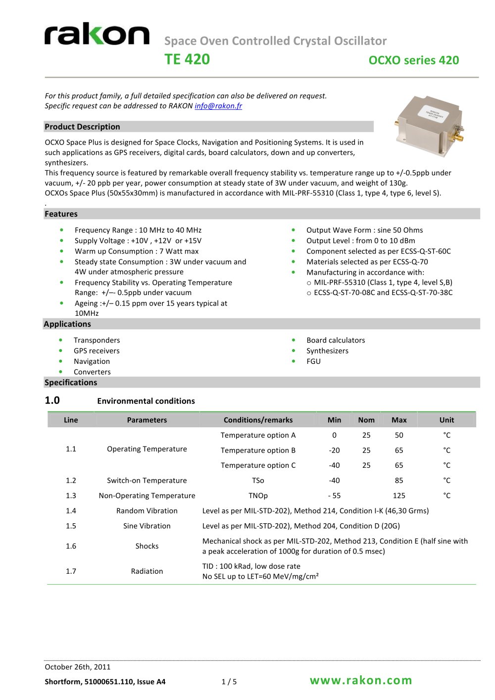 Space OCXO Plus TE420 OCXO Series 420 - Rakon