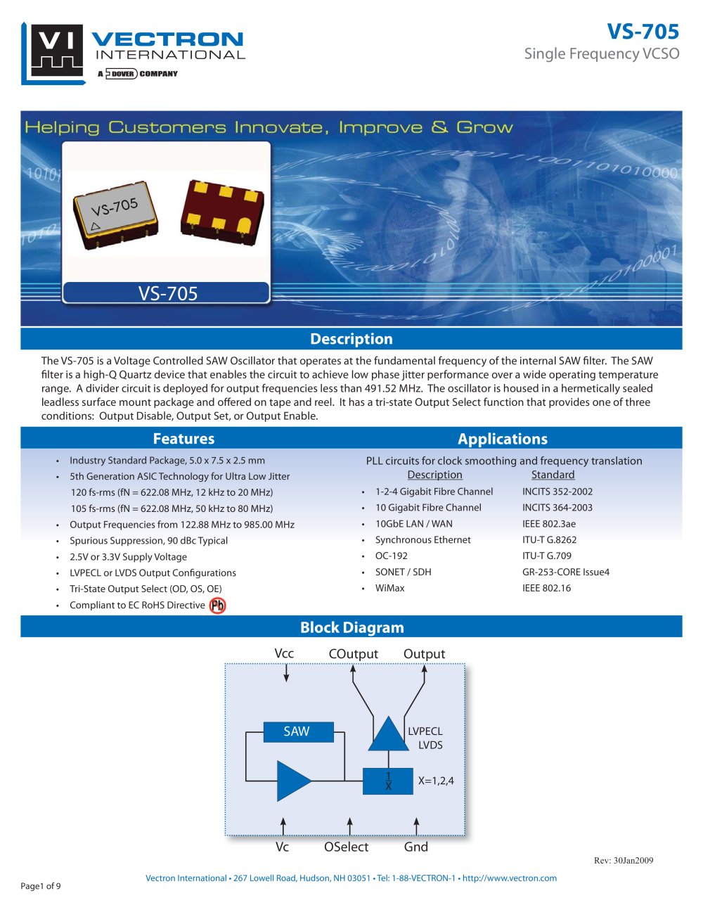 VS-705 Voltage Controlled SAW Oscillator (VCSO) - Vectron International