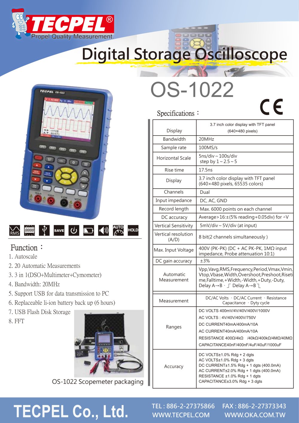 Handheld 20MHz Oscilloscope TECPEL OS-1022 - Tecpel  Co., Ltd.