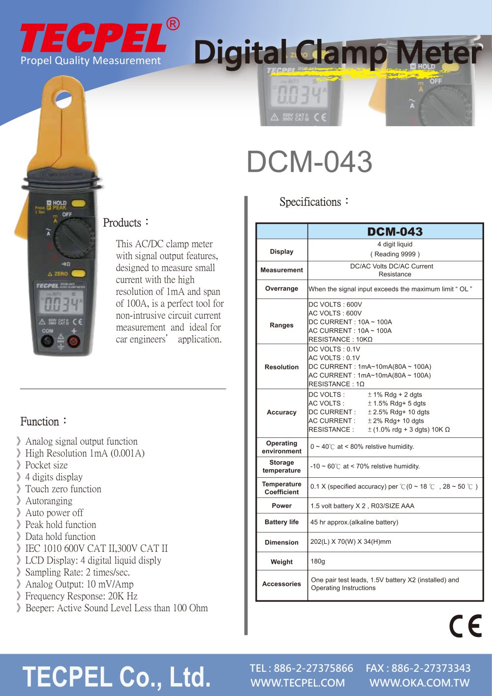 TECPEL AC/DC High Resolution 1mA (0.001A)  Clamp meter DCM-043 - Tecpel  Co., Ltd.