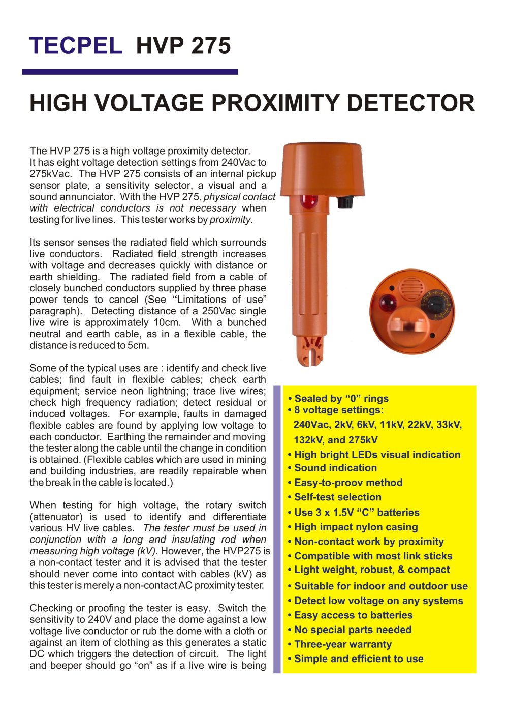 TECPEL High Voltage Proximity Detector HVP-275 - Tecpel  Co., Ltd.
