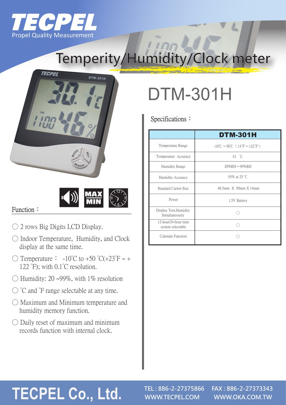 Thermo Hygrometer with Alarm clock DTM-301H - Tecpel  Co., Ltd.