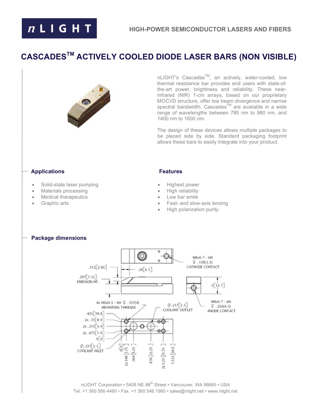 CASCADES� ACTIVELY COOLED DIODE LASER BARS (NON VISIBLE) - nLight