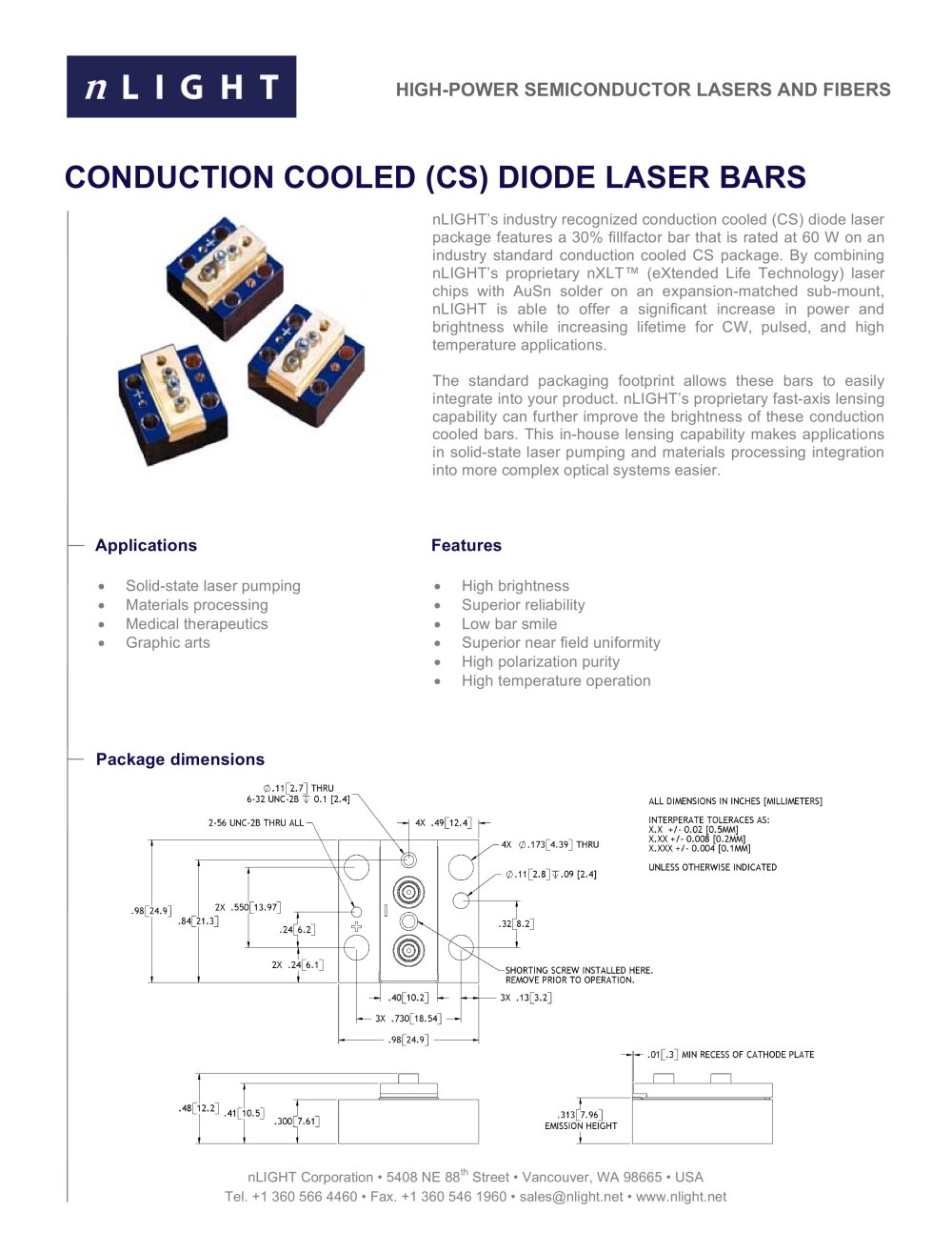 CONDUCTION COOLED (CS) DIODE LASER BARS (NON VISIBLE) - nLight