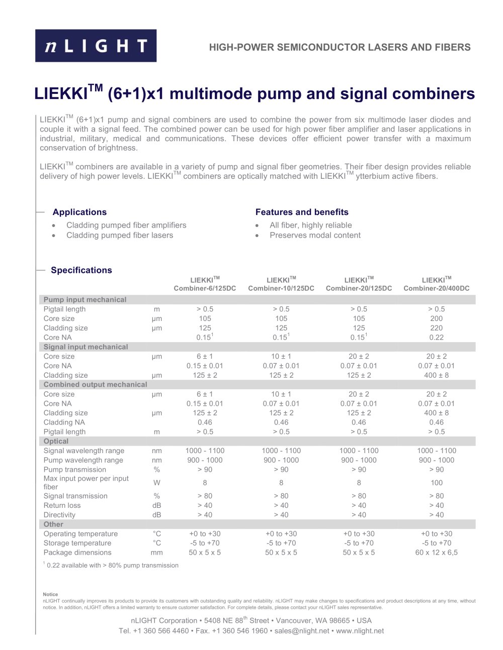LIEKKI� PUMP AND SIGNAL COMBINERS - nLight