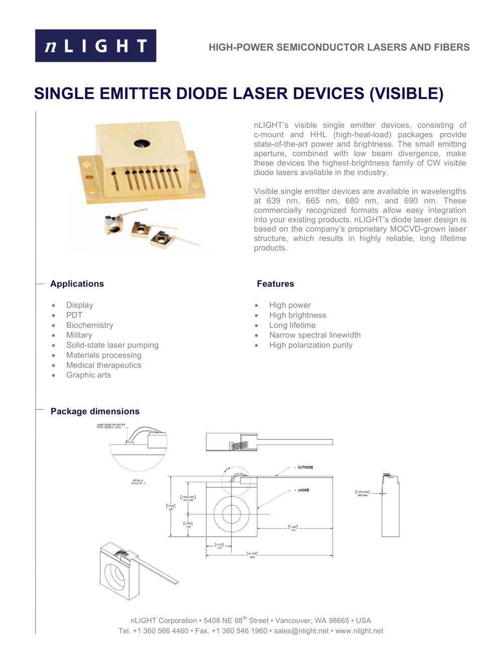 SINGLE EMITTER DIODE LASER DEVICES (VISIBLE) - nLight