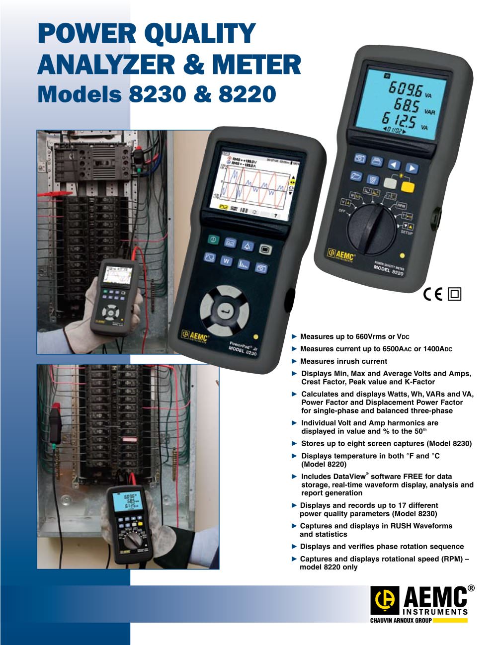 8230 with AmpFlex SR193-36 Single-Phase Power Quality Analyzers - AEMC Instruments