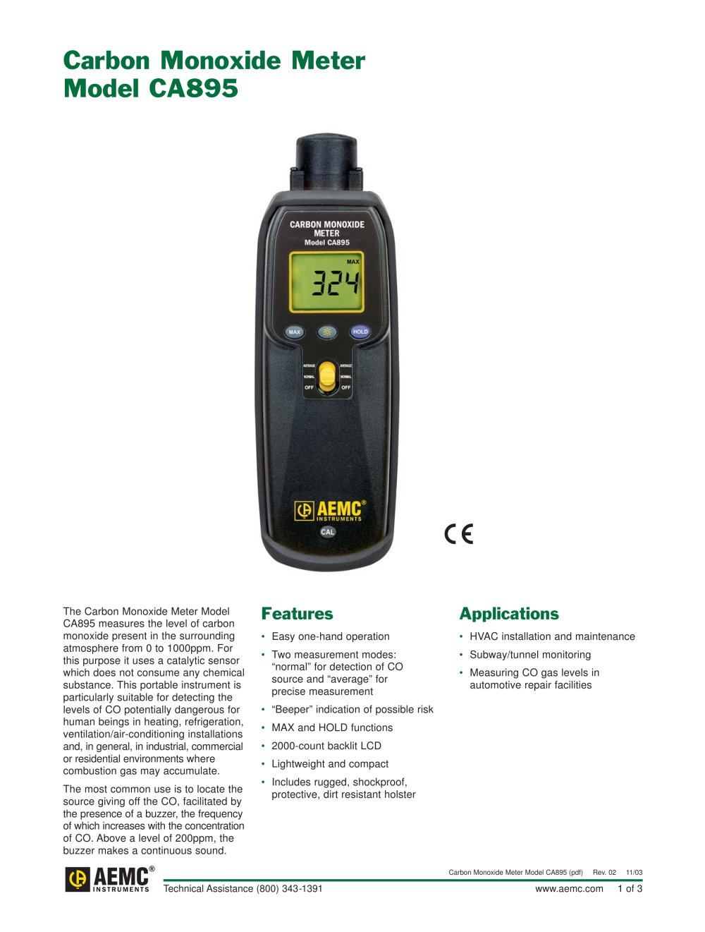 CA895 Carbon Monoxide Meters - AEMC Instruments
