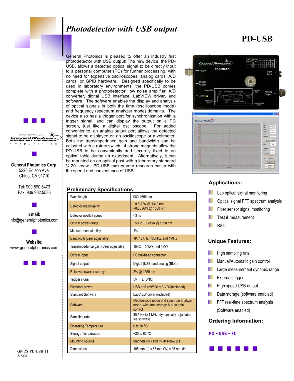 Detector, USB Powered - General Photonics