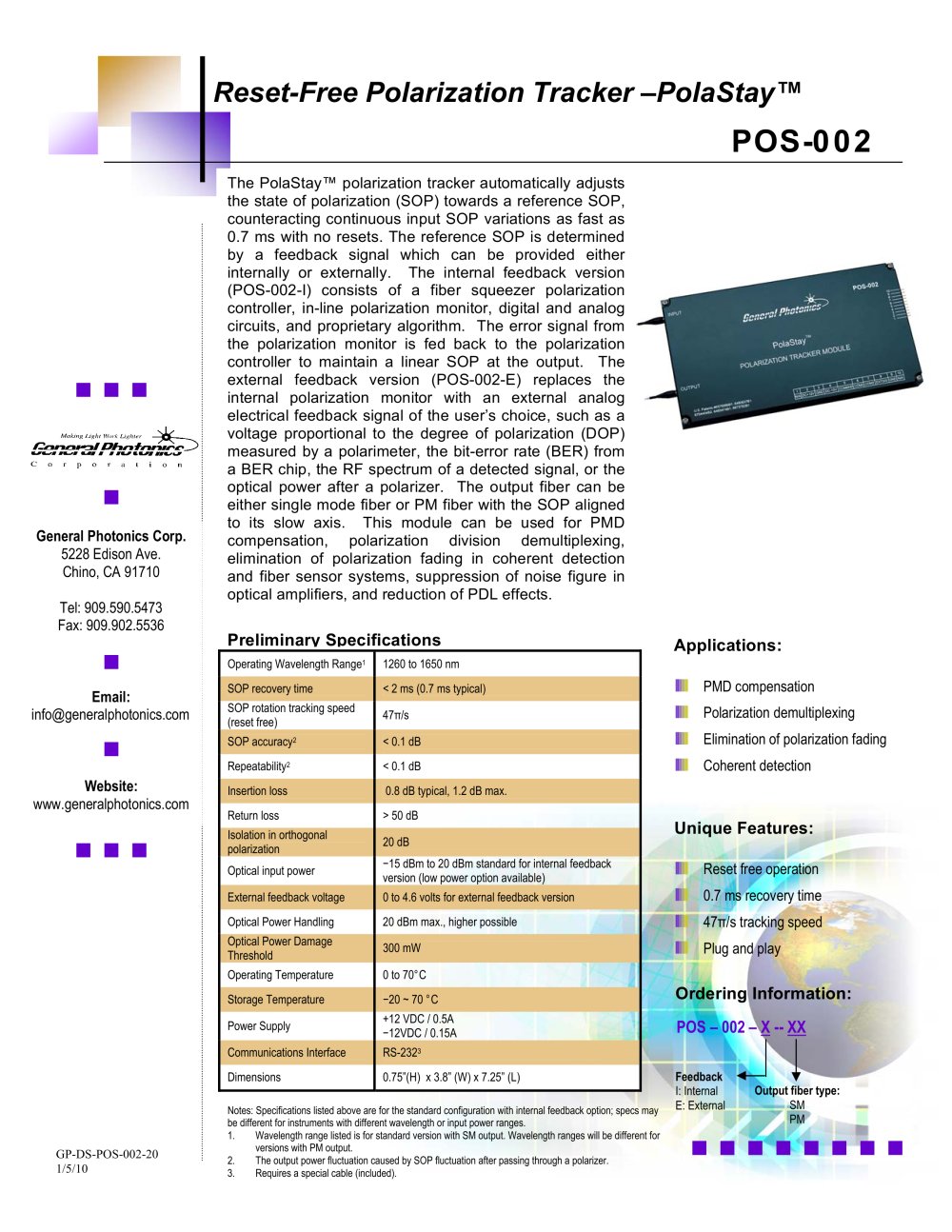 Reset-Free Polarization Tracker � PolaStay� - General Photonics