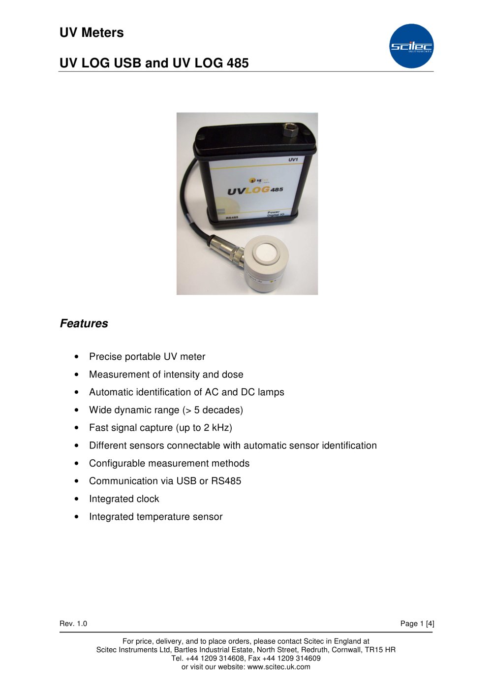 UV LOG USB and UV LOG 485 - Scitec Instruments
