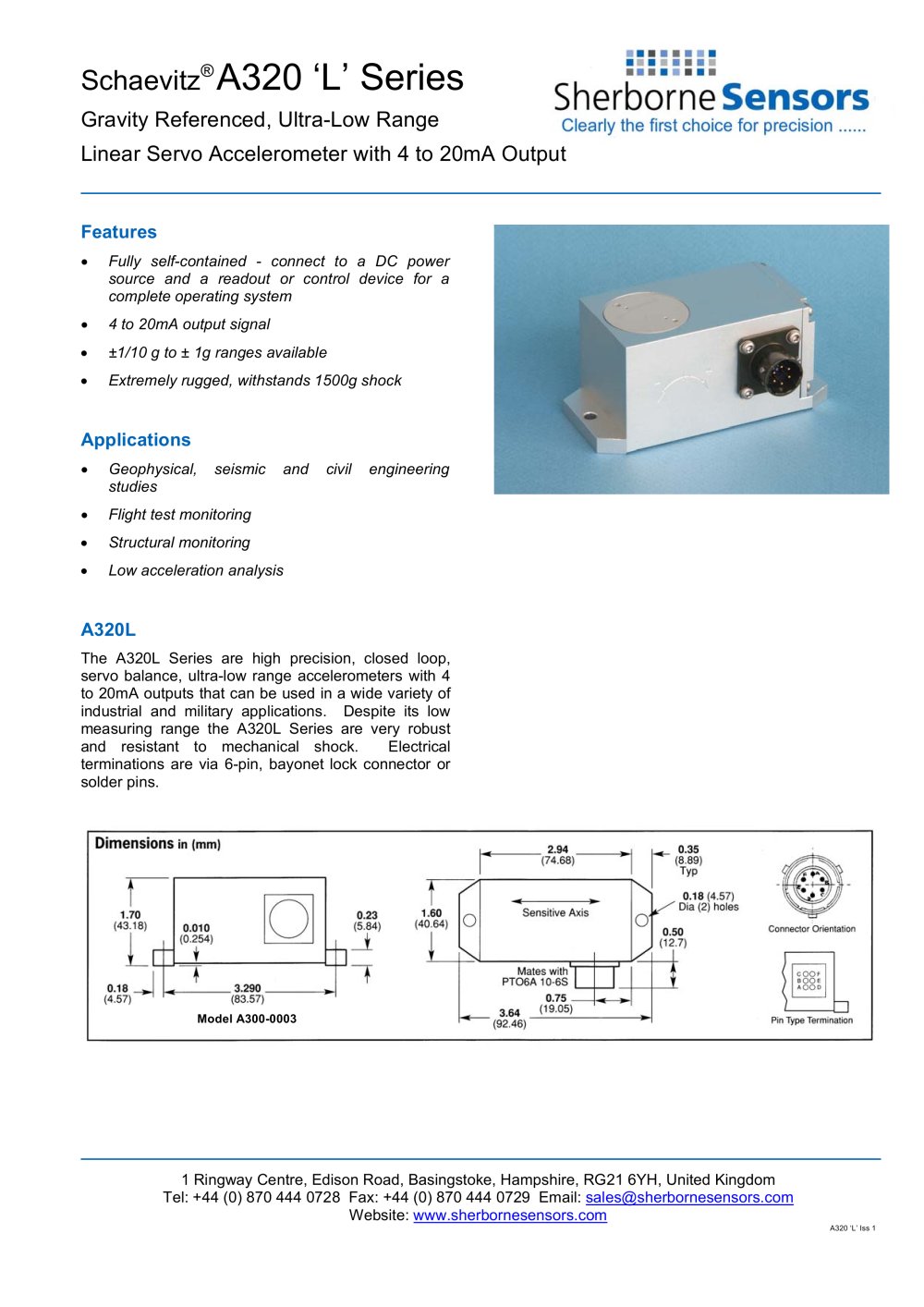 Sherborne Sensors A320 'L' Series Gravity Referenced, Ultra Low Range Linear Servo Accelerometers with 4-20mA Output - Sherborne Sensors Limited