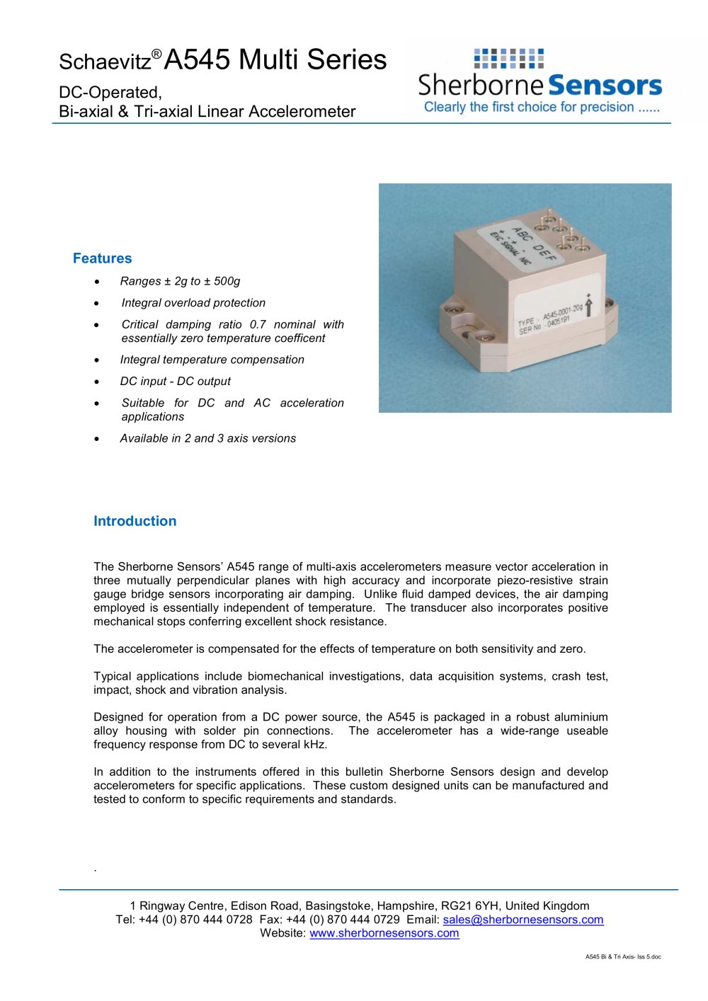 Sherborne Sensors A545 Series Biaxial and Triaxial Solid State Linear Accelerometers - Sherborne Sensors Limited