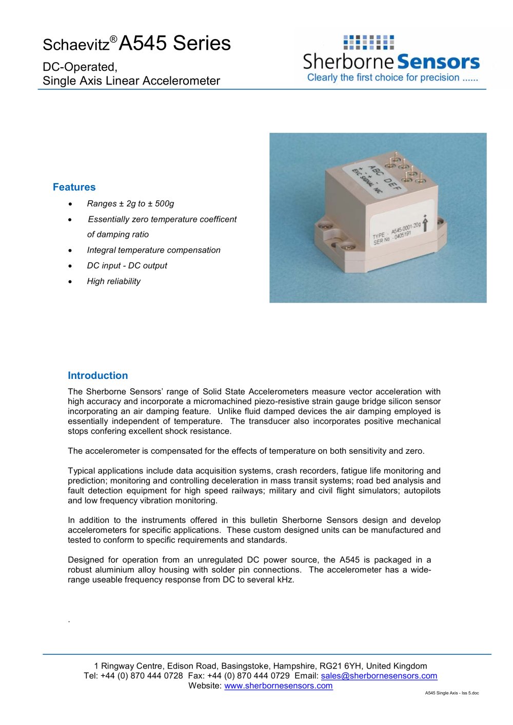 Sherborne Sensors A545 Series Single Axis Solid State Linear Accelerometers - Sherborne Sensors Limited